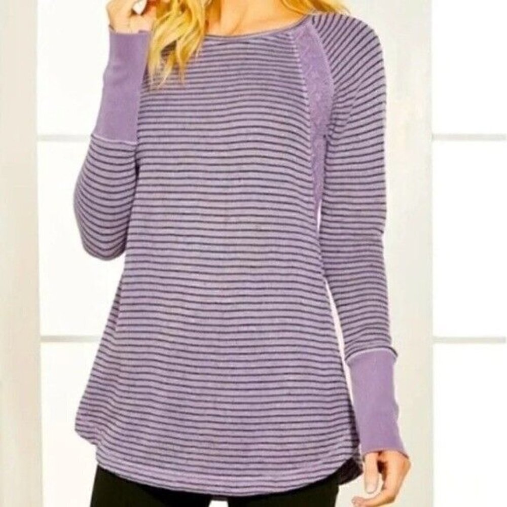 Soft Surroundings Sz M Rosamunde Striped French Terry Tunic Lace Inset